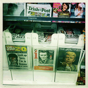 Changes: Bowie front and center at a London newsagent on Wednesday